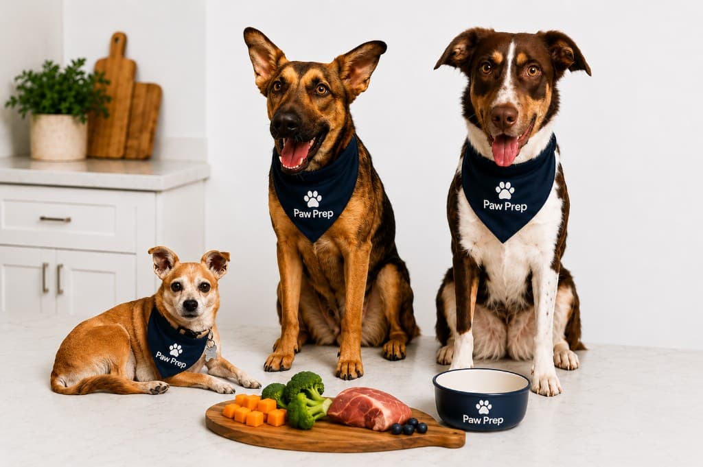 Three dogs wearing Paw Prep bandanas beside fresh ingredients on a kitchen counter